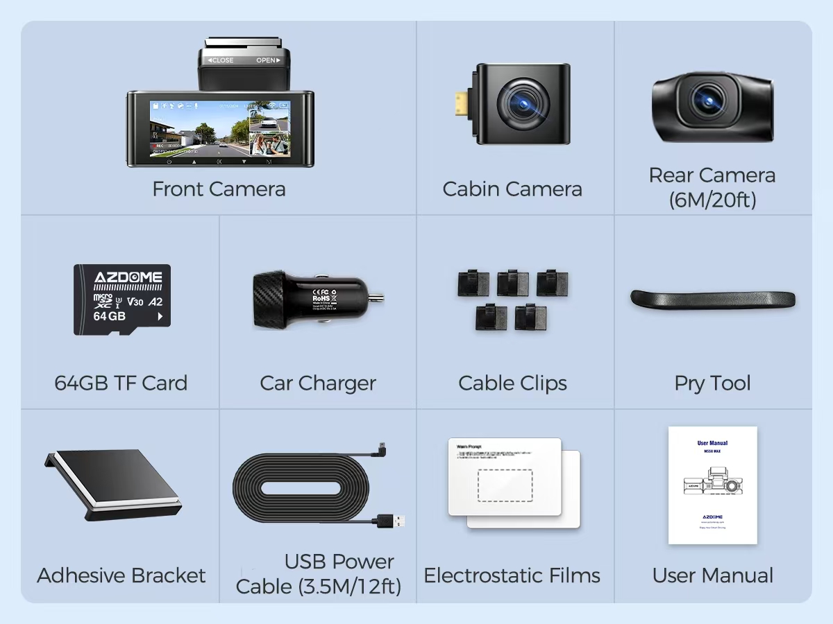 AZDOME M550 Max Dash Cam 3 Channel WiFi GPS 4K+1080P+2.5K Parking