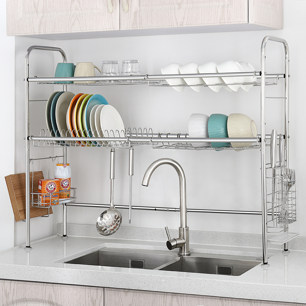 Details About 2 Tier Double Slot Stainless Steel Dish Drying Rack Kitchen Cutlery Mug Holder
