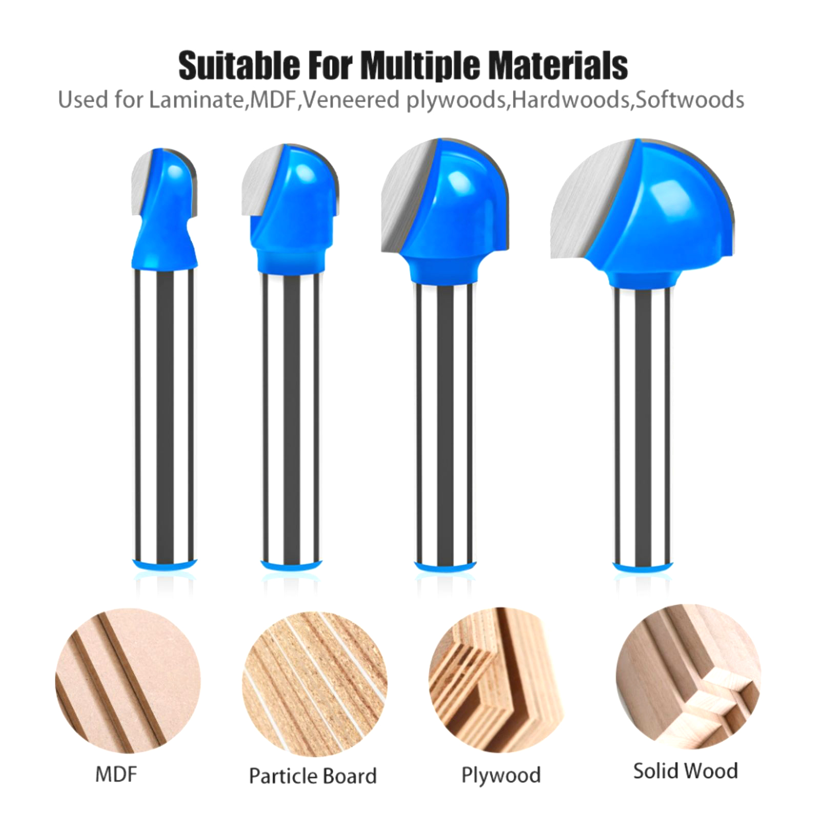 4PCS/Set 1/4 Inch Shank Carbide Round Nose Router Bit Cutting