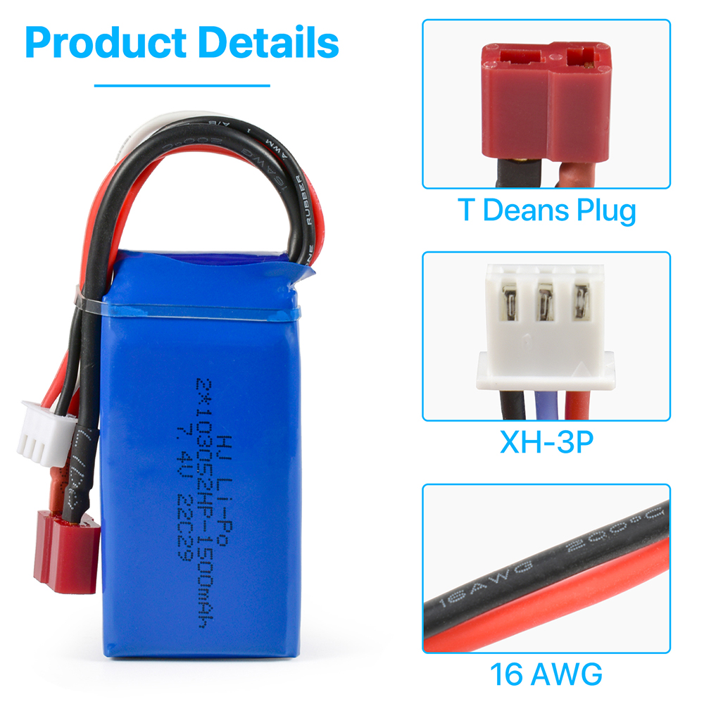 ZYGY 2pcs 7.4V 1800mAh T Head High Speed Lipo Battery for WLTOYS A959-B A969 -B A979-B K929-B 144001 Remote Controlled High Speed Off-Road Vehicle