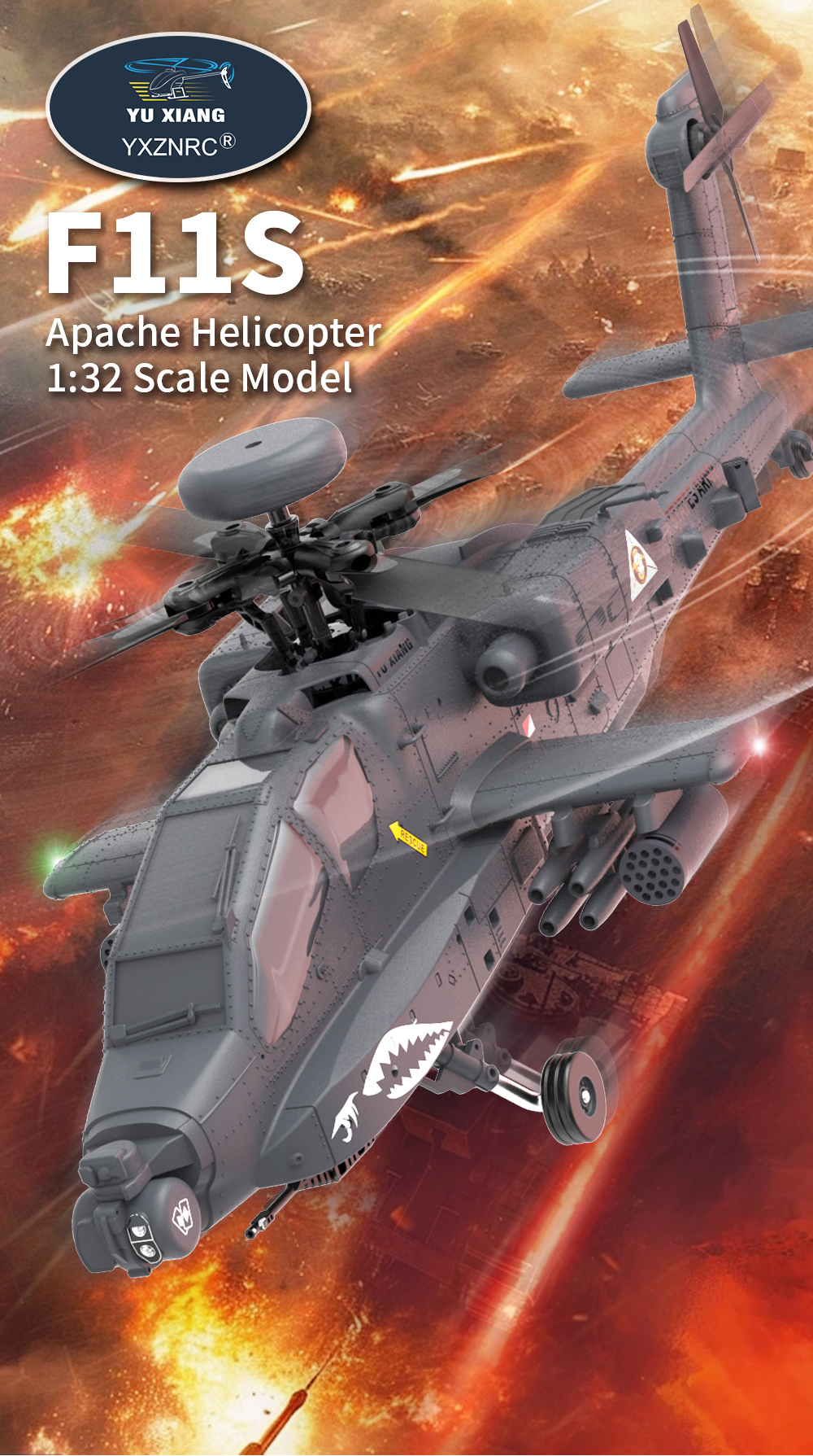 YXZNRC RC Helicopter 1:32 AH-64D Apache 2.4G 9CH 6-Axis Gyro