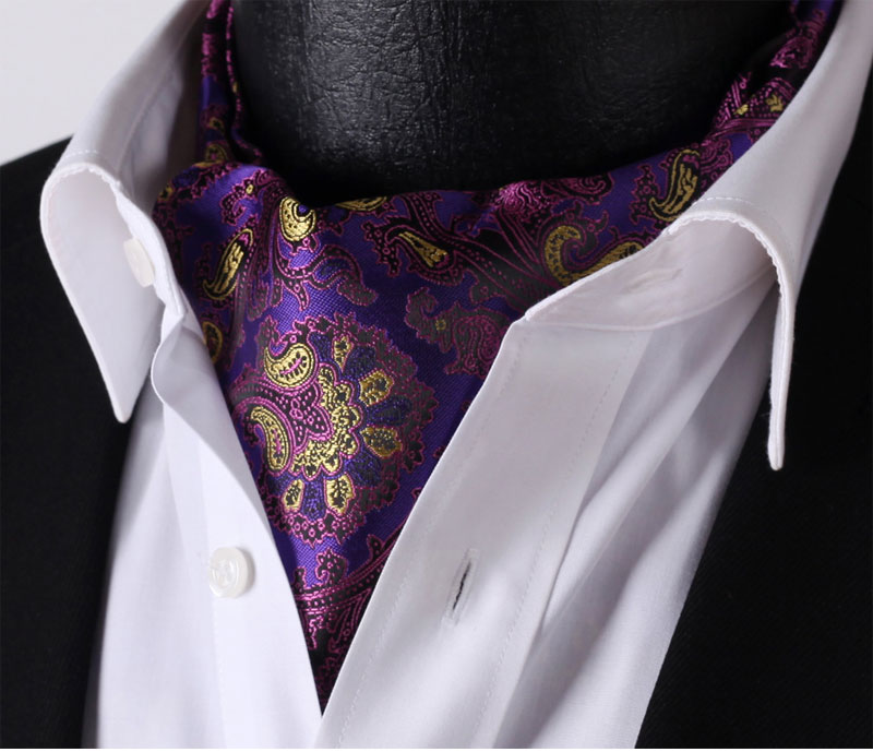 RF201P Purple Yellow Paisley Silk Cravat Ascot Hanky Handkerchief Set