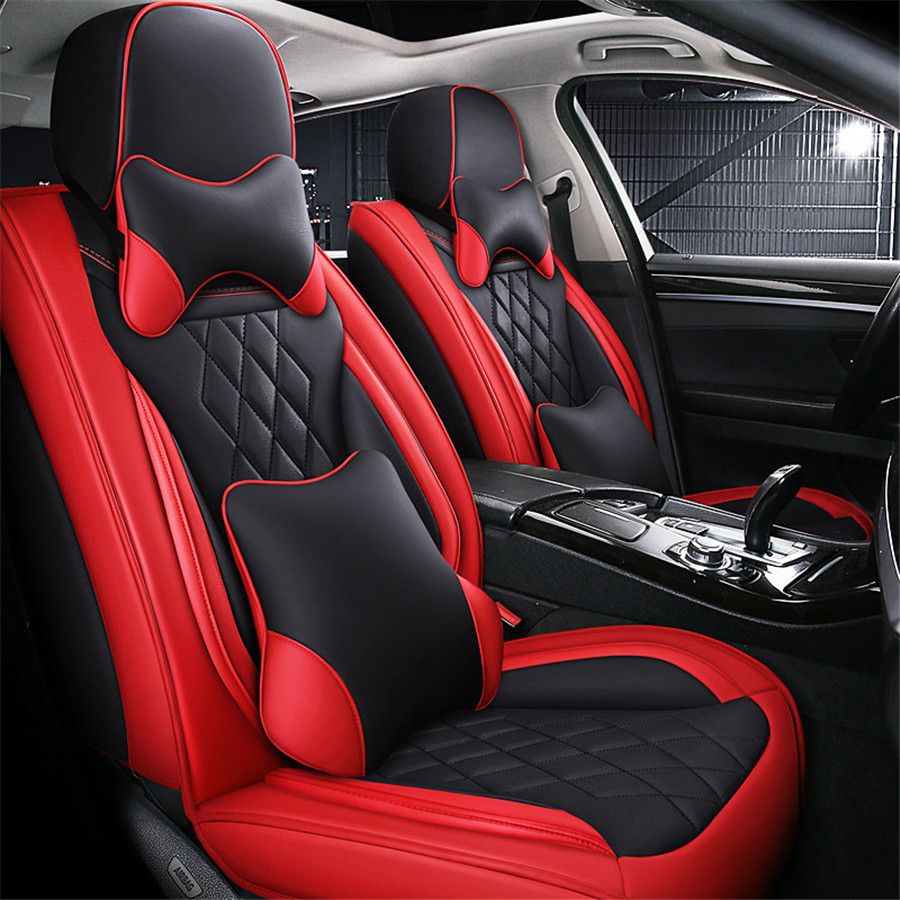 Full Surround 5-Seats Car Seat Cover Cushion Deluxe PU Leather Full Set w/Pillow
