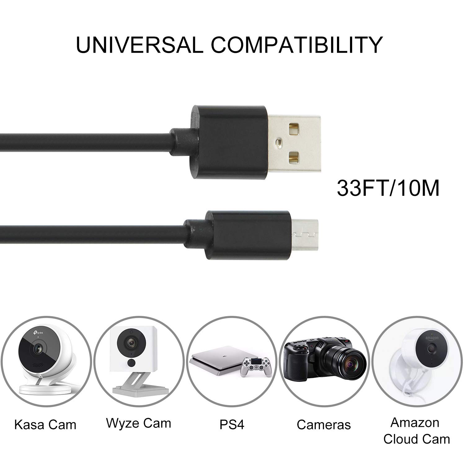 2 Pack 33Ft Micro USB Extension Power Cable for Home Security Camera