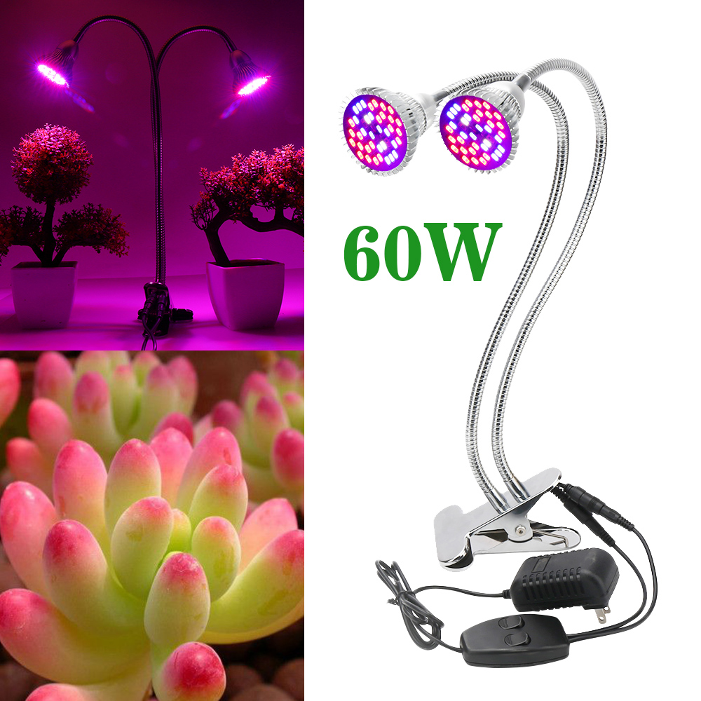 60W Dual Head LED Grow Light Full Spectrum Flexible Desk Lamp 360° Indoor Plants