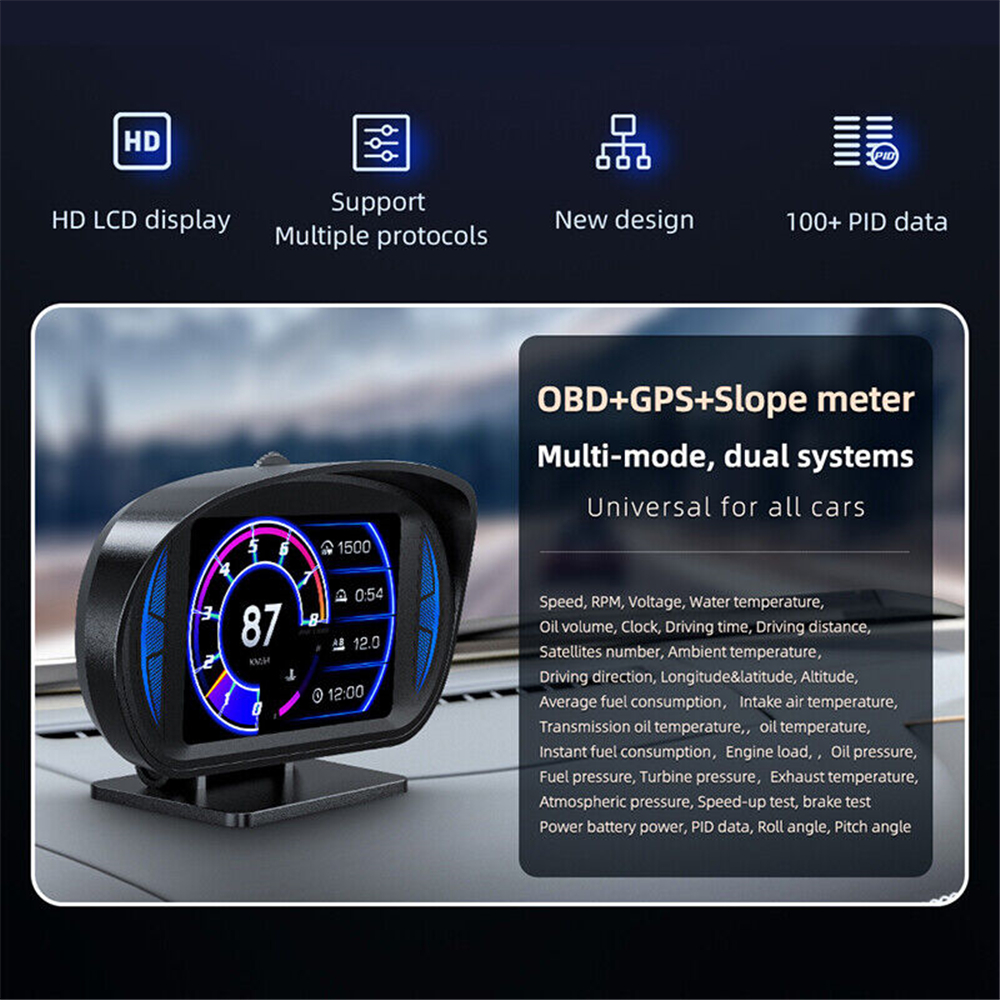 HUD OBD2 GPS Gauge Car Speedometer Overspeed Alarm Slope Tilt Meter Dual  System