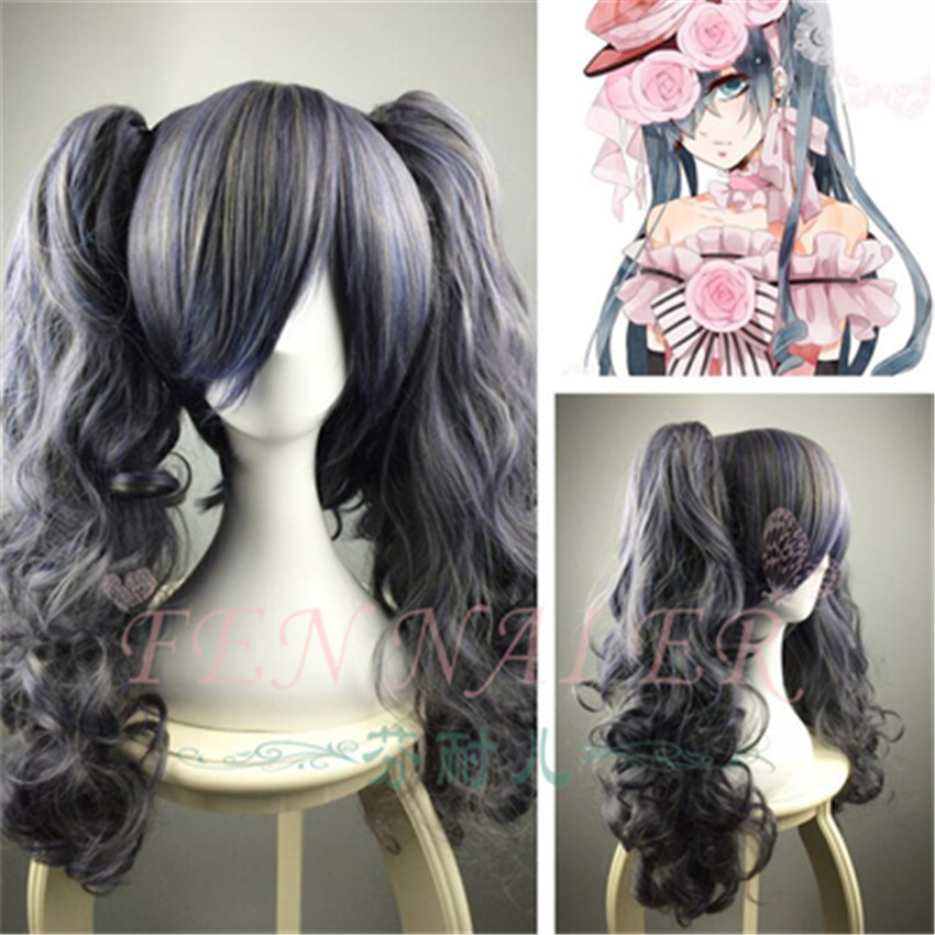Black Deacon Blue Gray Mixed Color Double Ponytail Hair Cosplay