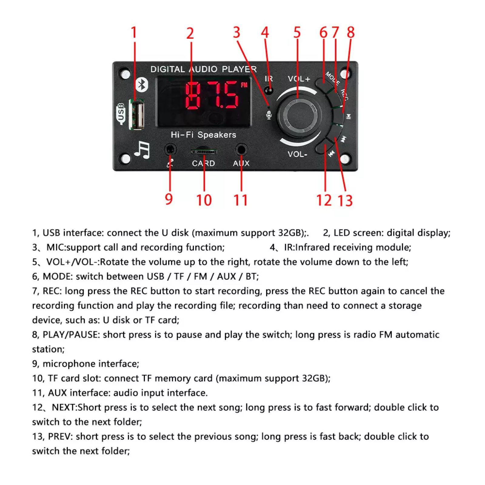 DC7-18V Bluetooth Car Audio MP3 Scheda Decoder Modulo Audio 2 * 25W - Foto 8