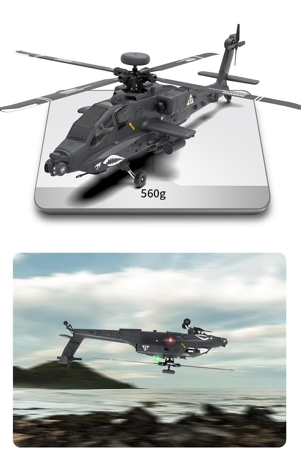 YXZNRC RC Helicopter 1:32 AH-64D Apache 2.4G 9CH 6-Axis Gyro