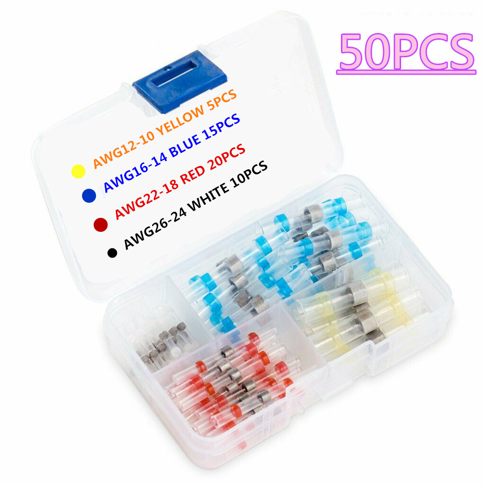 50Pcs White Waterproof Solder Sleeves Heat Shrink Wire Butt Terminals With Box