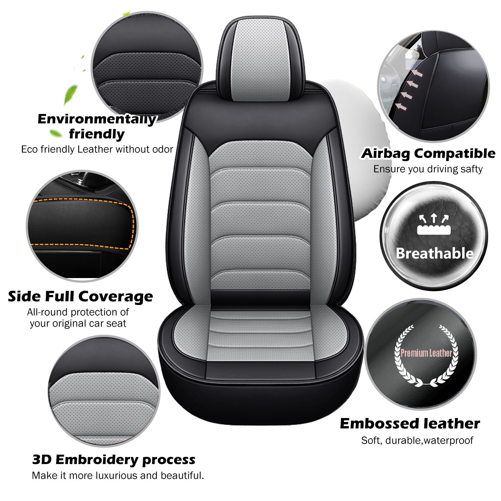 Full Set Leather Car Seat Covers For Toyota – 5-Seat Protection, Front & Rear, Gray, Water-Resistant