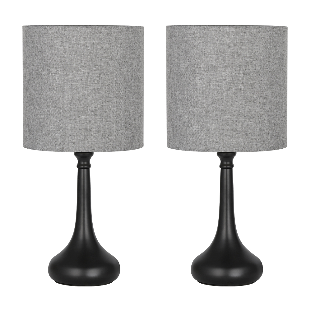 Set Of 2 Bedside Table Lamps Gray Line Fabric Lampshade