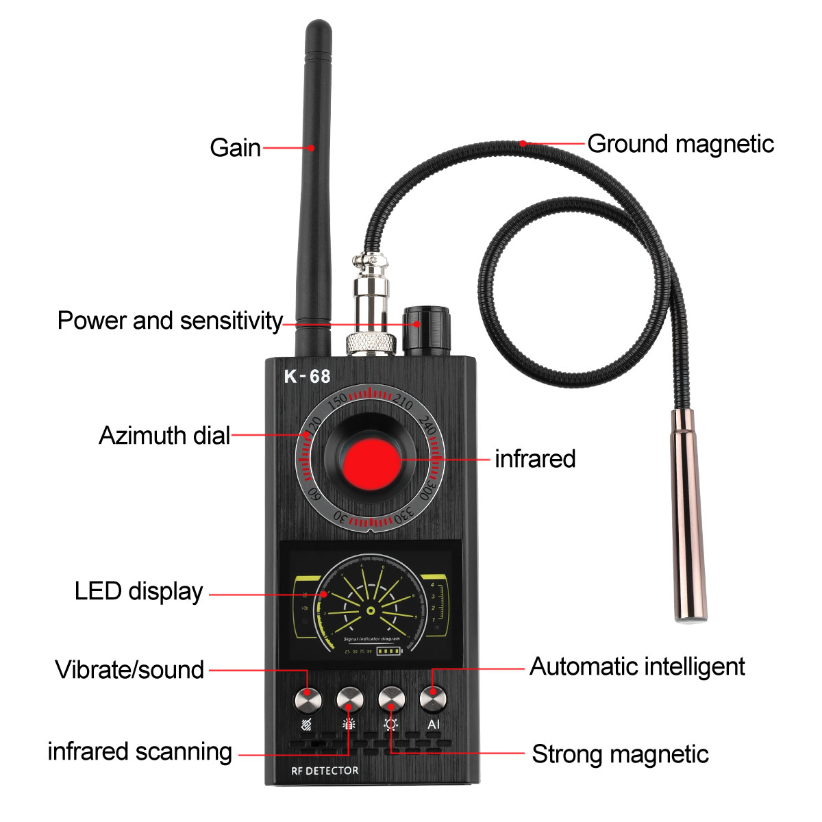 K68/K88 Anti Spy Scanner Detector RF Camera GSM Audio Bug Finder