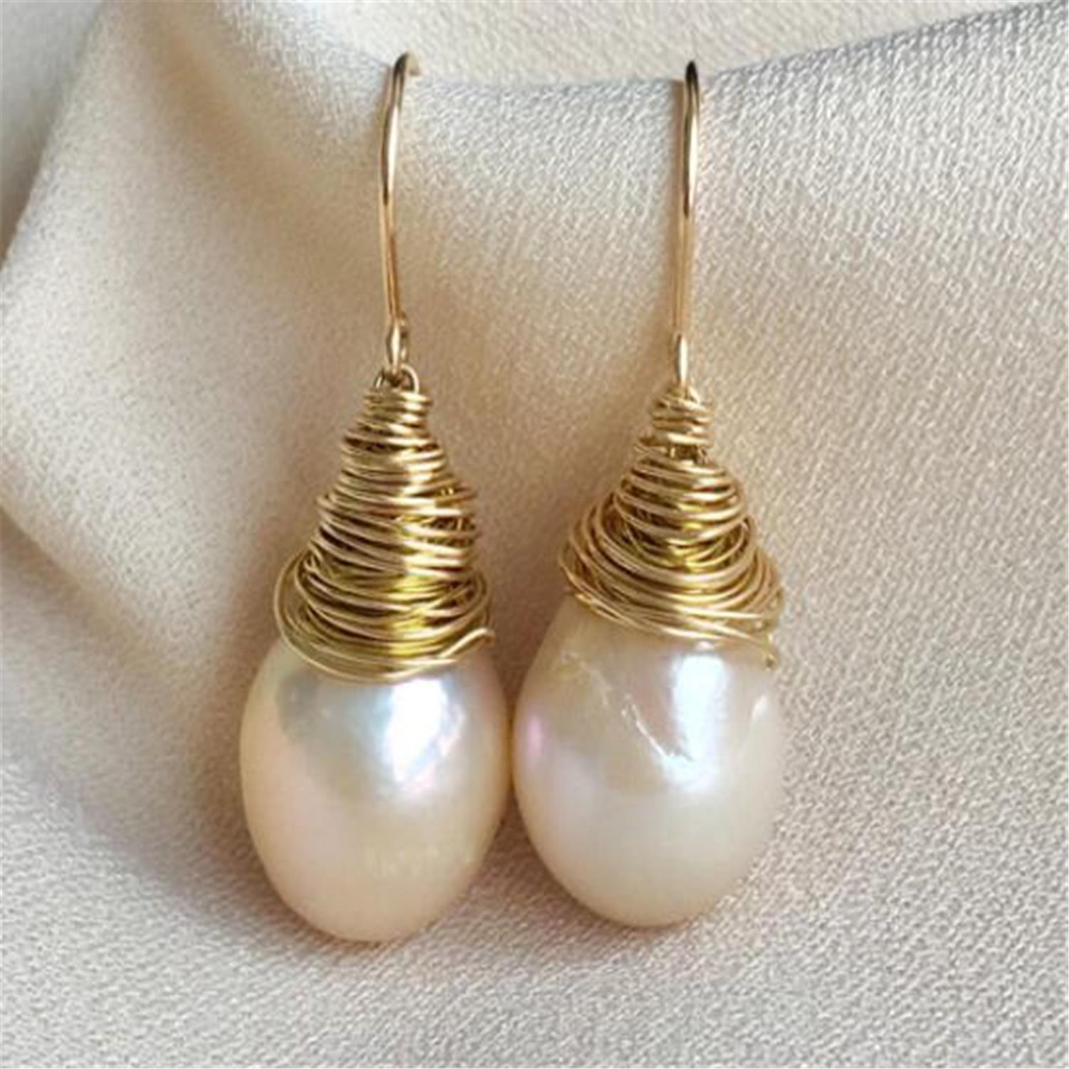 14-16mm White Baroque Pearl Earrings Gold Ear Drop Dangle Wedding Luxury Women