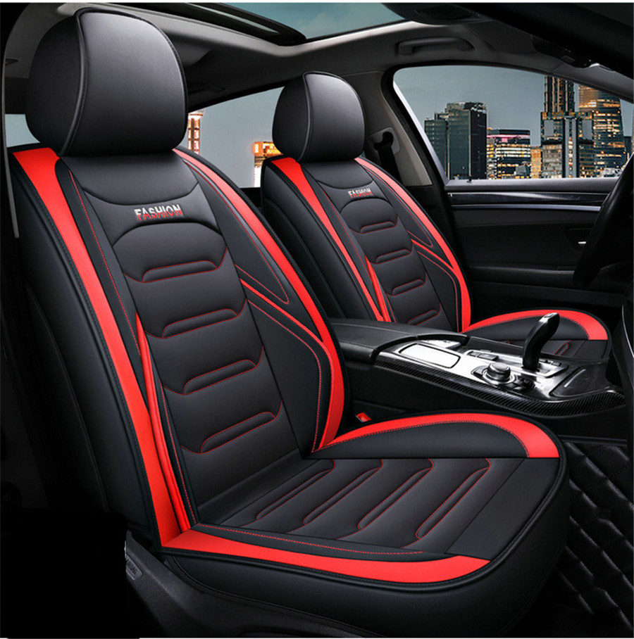 Black+Red PU Leather Full Set Car Seat Covers Protector Cushions Breathable US