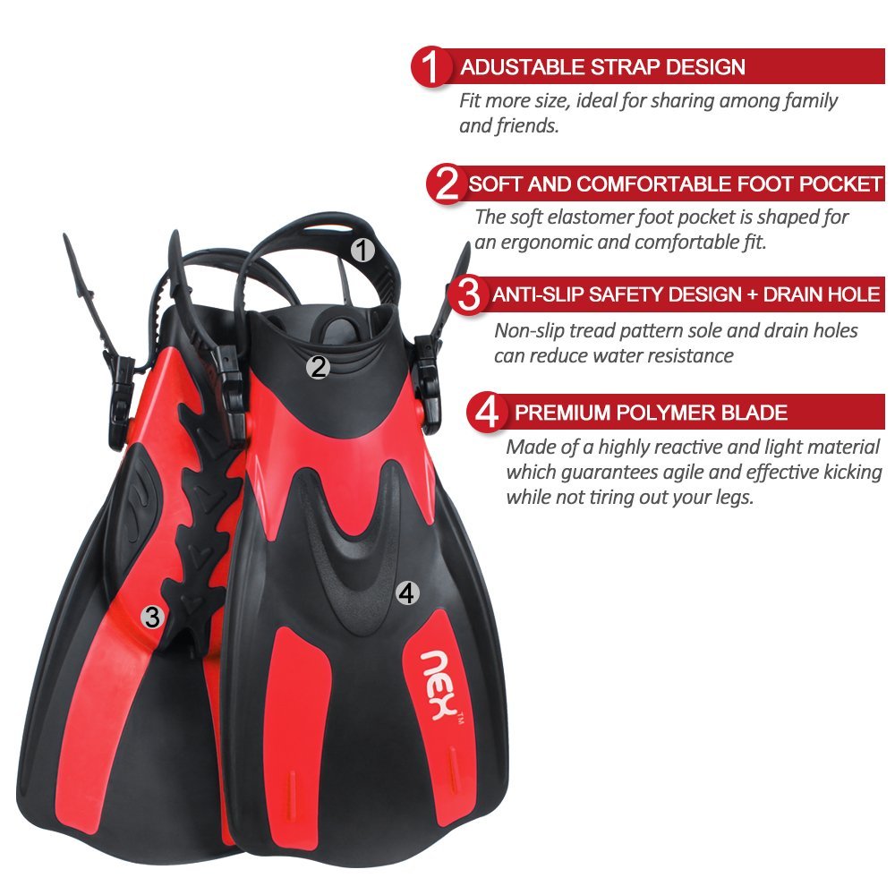 Adult Snorkeling Swim Fins Short Blade Diving Fins Adjustable Flippers Size 4-8