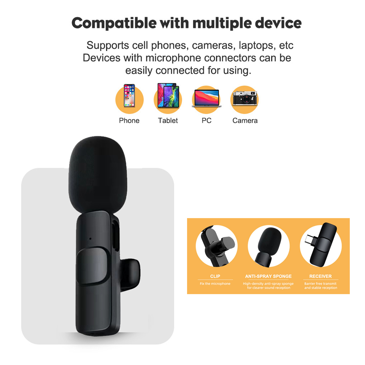 Lavalier Wireless Microphone Audio Video Recording Mini Mic For Android/ iphone