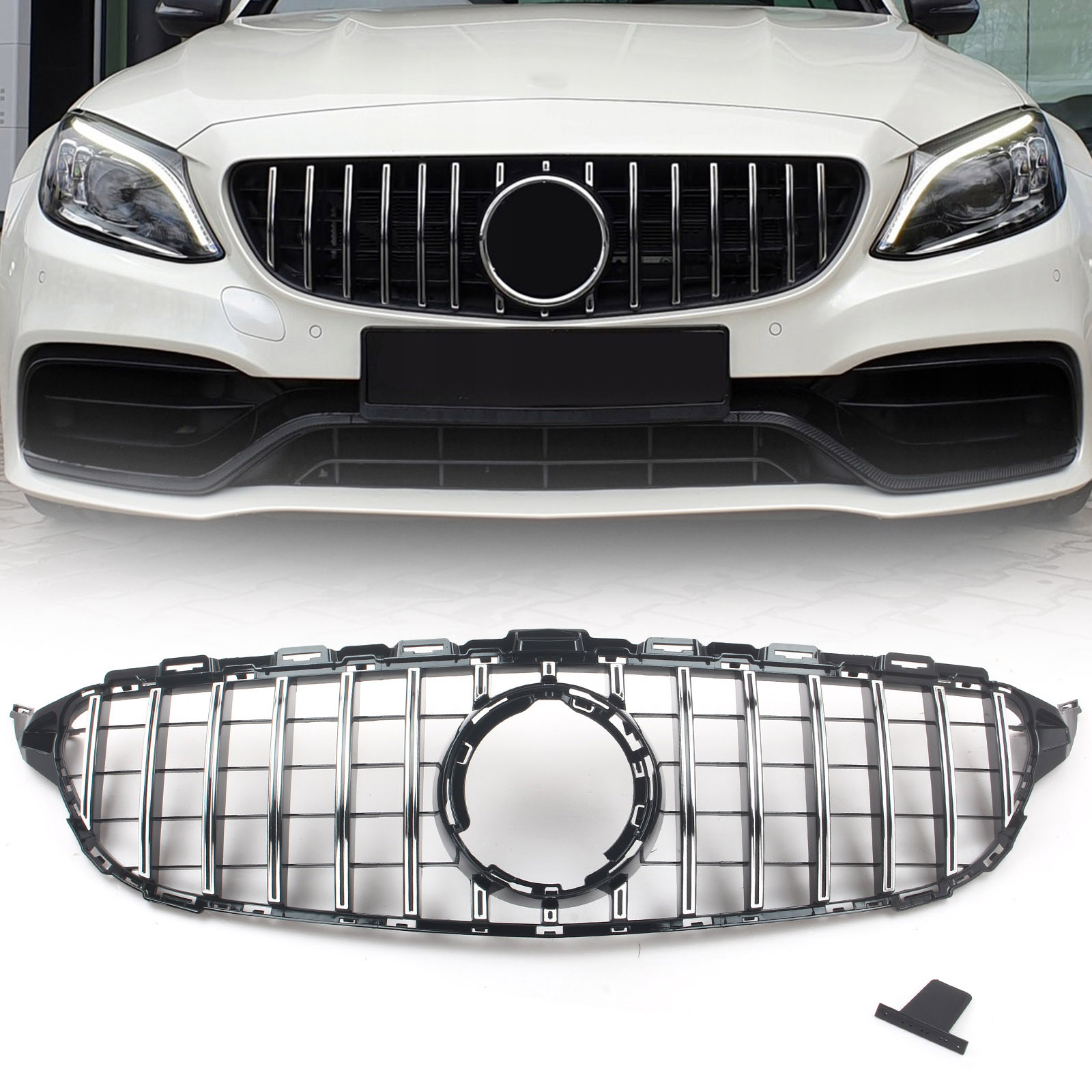 C63 Style Matte Black Front Grille w/ Silver Line for 2015+ C300