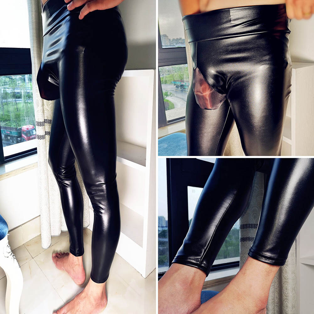 tight leather look trousers