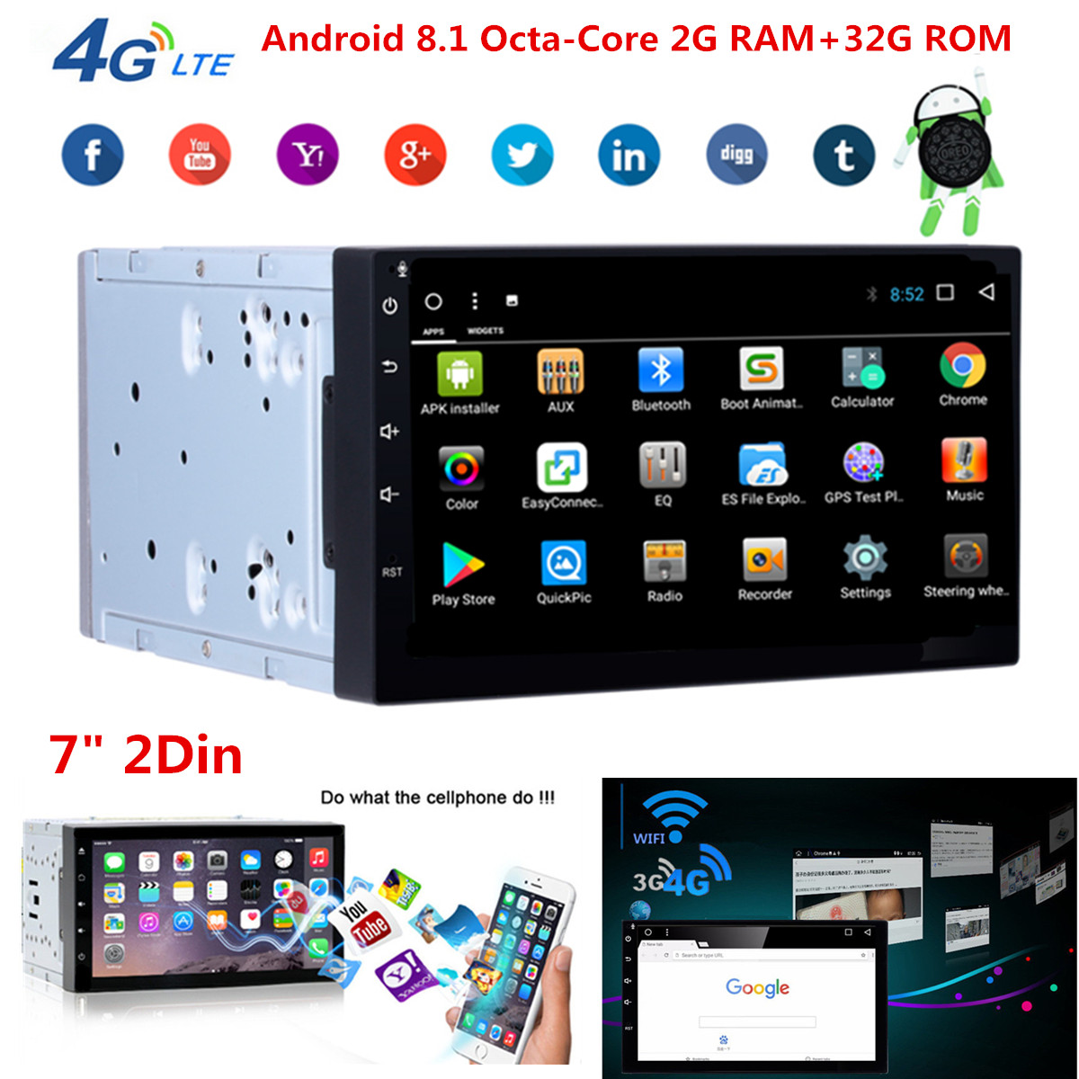 2Din Android 8.1 7/" 1080P Touch Screen Quad-Core Car Stereo Radio GPS Wifi OBD