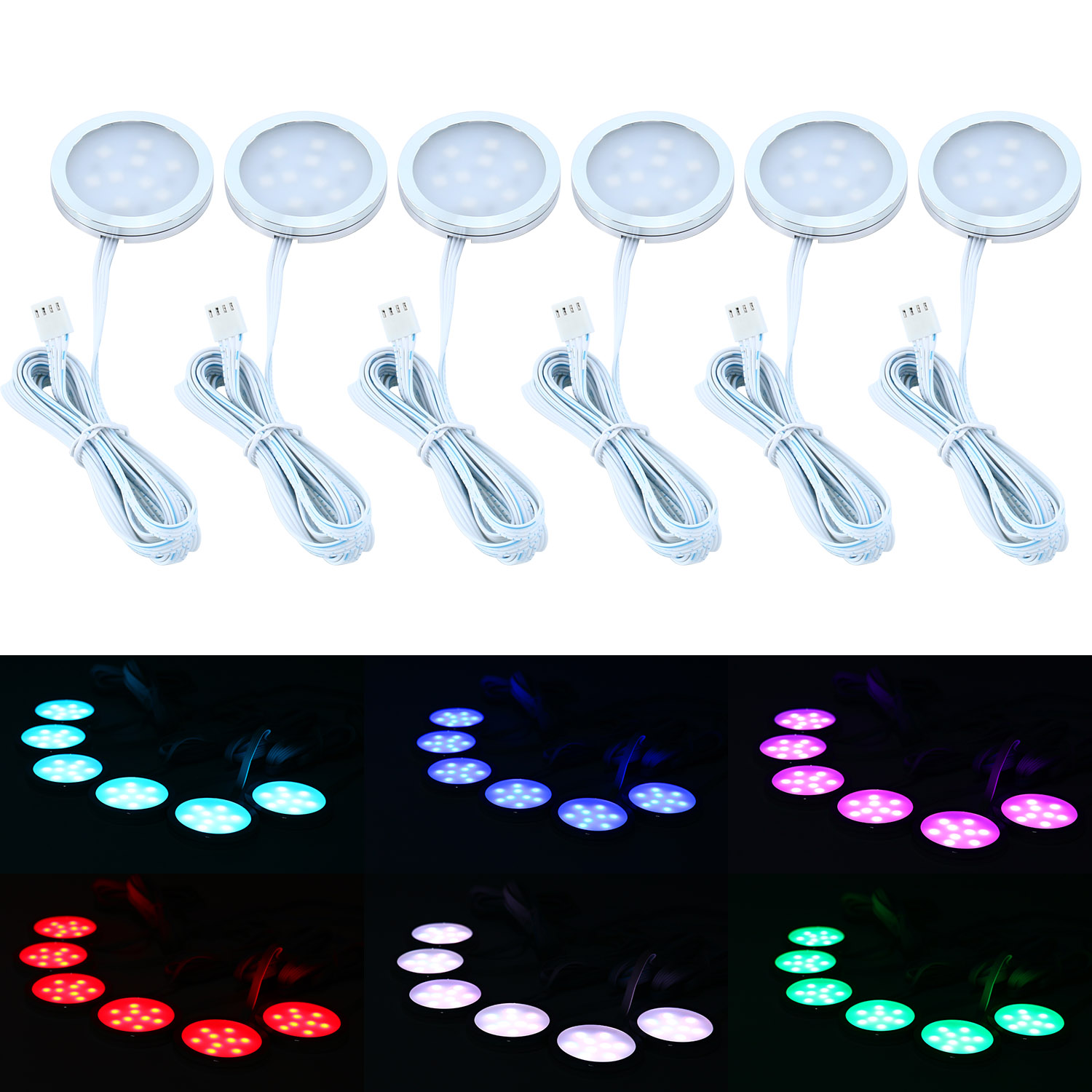 6 Pack Color Changing LED Puck Light Kit Under Kitchen Counter
