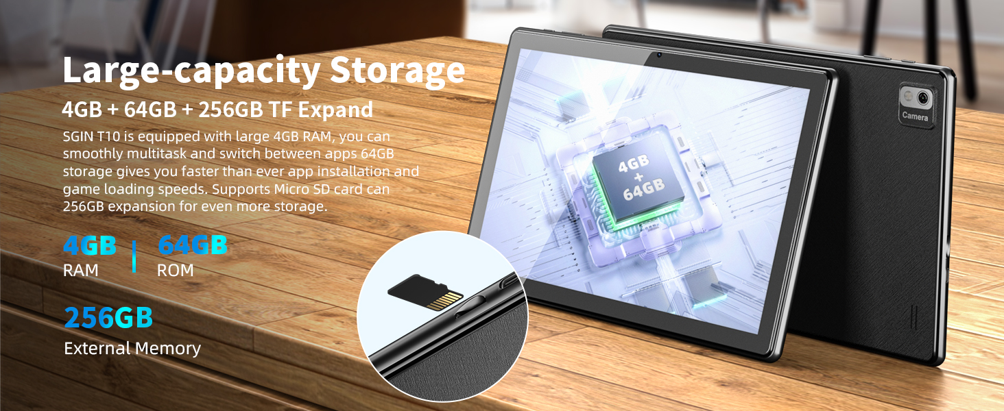 SGIN 10.1 Inch Tablet Android 12 4GB RAM 64GB ROM Octa-Core 1.6Ghz