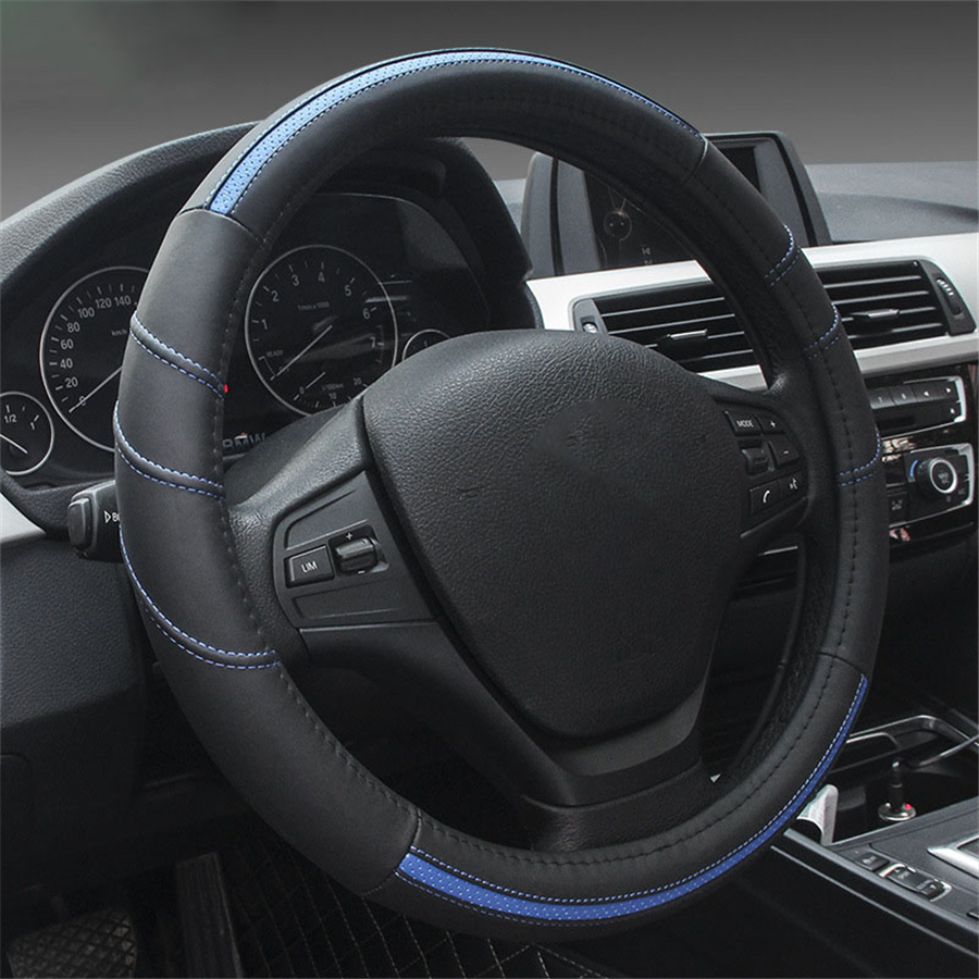 38cm Blue+Black Genuine Leather Car Steering Wheel Cover Auto