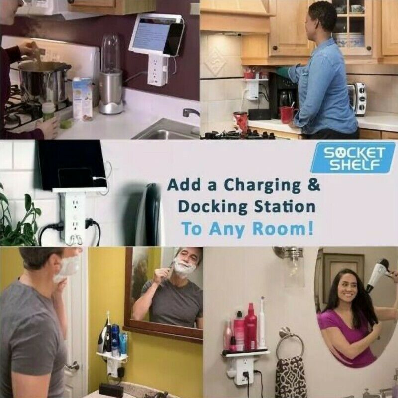 8-Port Socket Shelf 2 USB Surge Protector 6 Wall Outlet Extender