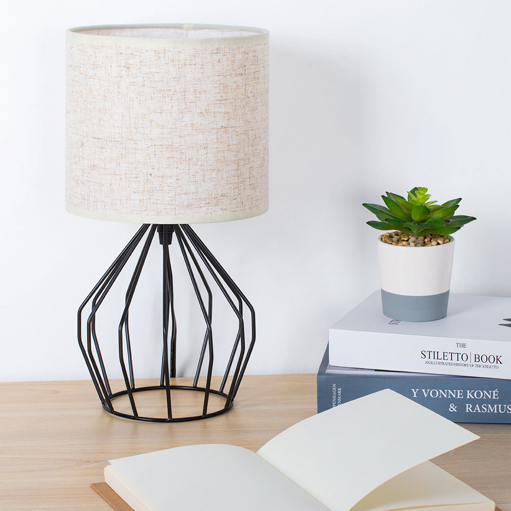 Nightstand Lamp Modern Style Black Hollowed Out Base with Linen Fabric ...