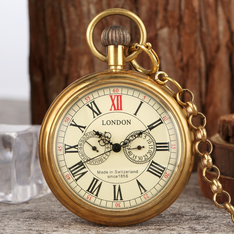 Mens Vintage Mechanical Pocket Watch with Chain Brass Open Face