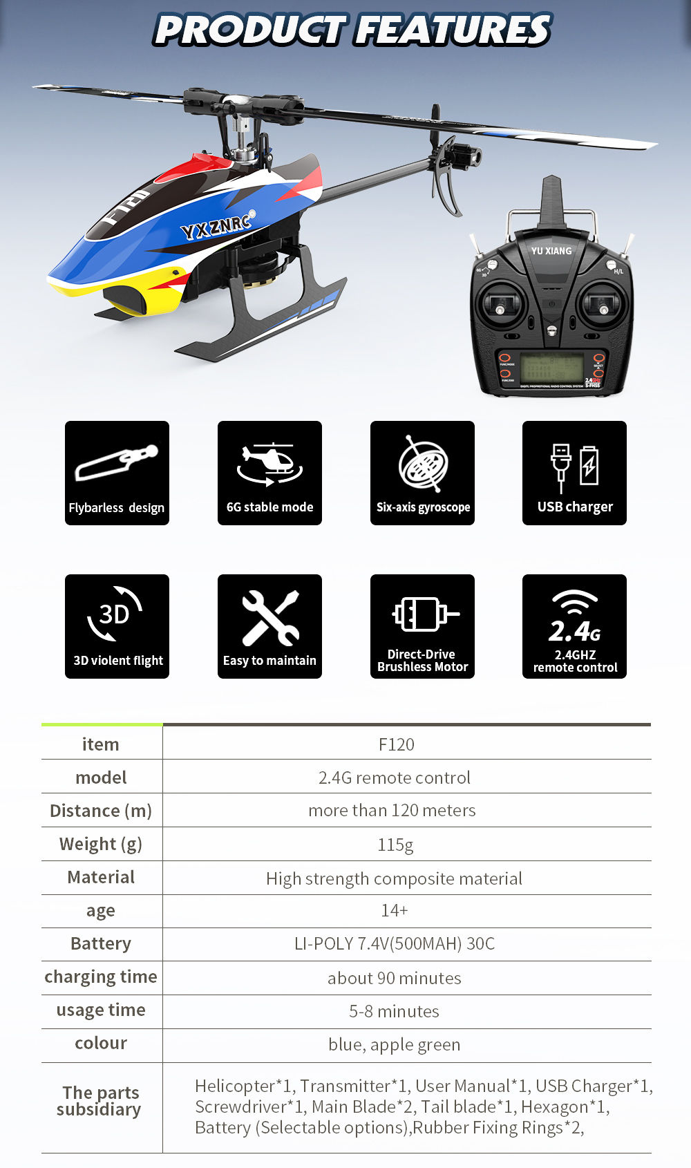 YXZNRC F120 3D 2.4G 6CH 6-Axis Gyro Direct Drive Flybarless
