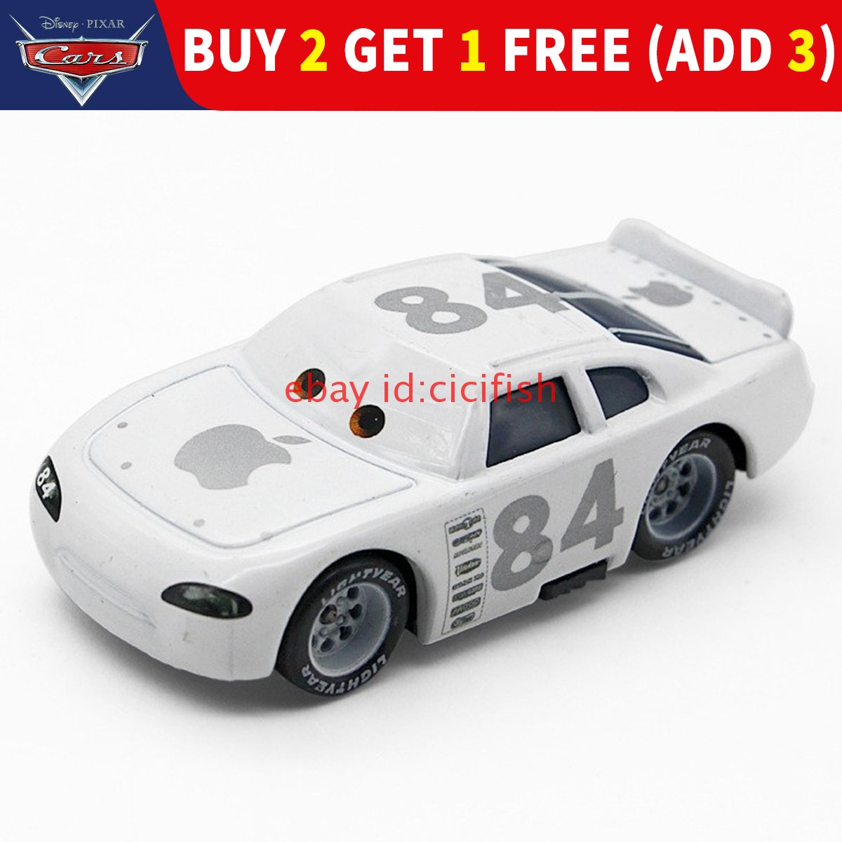 Disney Pixar Cars No.84 White Apple Car 1:55 Diecast Car Toy