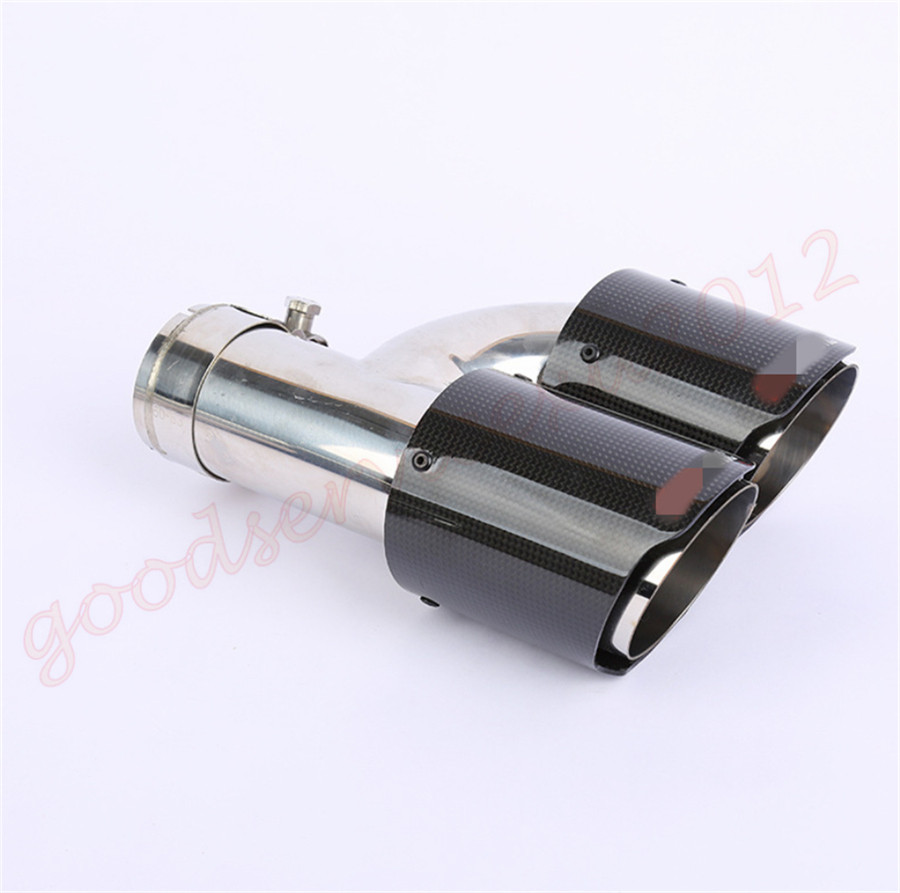 1 Pcs 76-101mm Steel+Real Carbon Fiber Car Dual Outlet Exhaust Muffler End Pipe