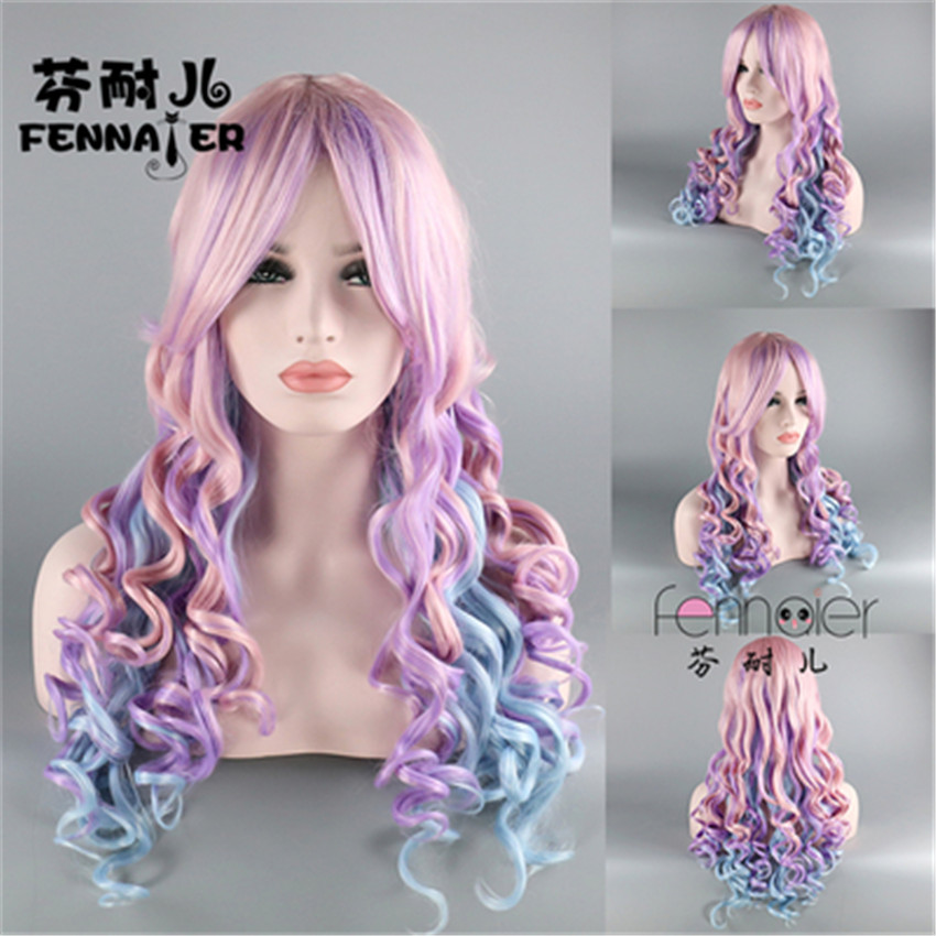 Pink Blue Purple Three Color Gradient Long Curly Hair Oblique