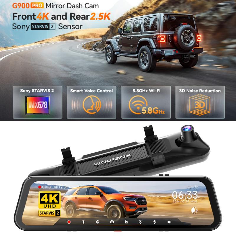 WOLFBOX G900 PRO Mirror Dash Cam STARVIS 2 IMX678 WIFI Rear