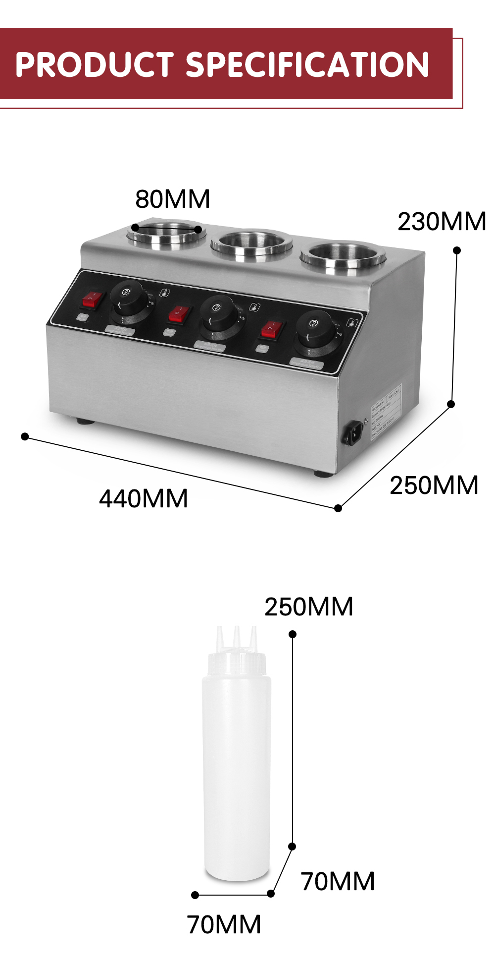 Commercial Electric Hot Chocolate Jam Sauce Warmer 3 Bottles Bain Marie CE