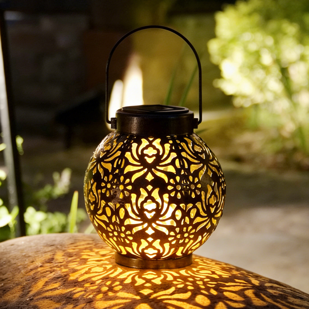 Solar lantern in a garden setting