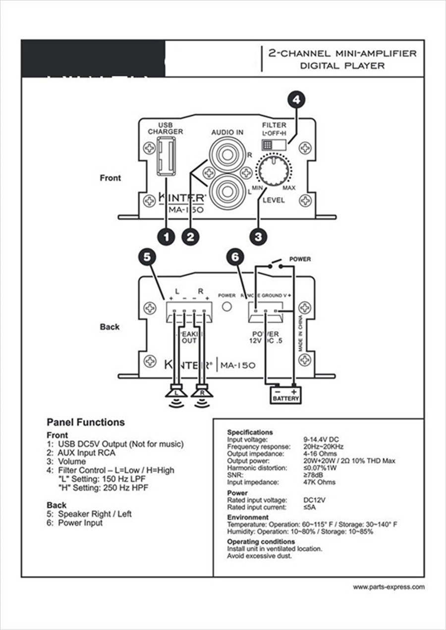 2 Channel Stereo Audio Amplifier Amp Subwoofer 78 db USB Port for Car