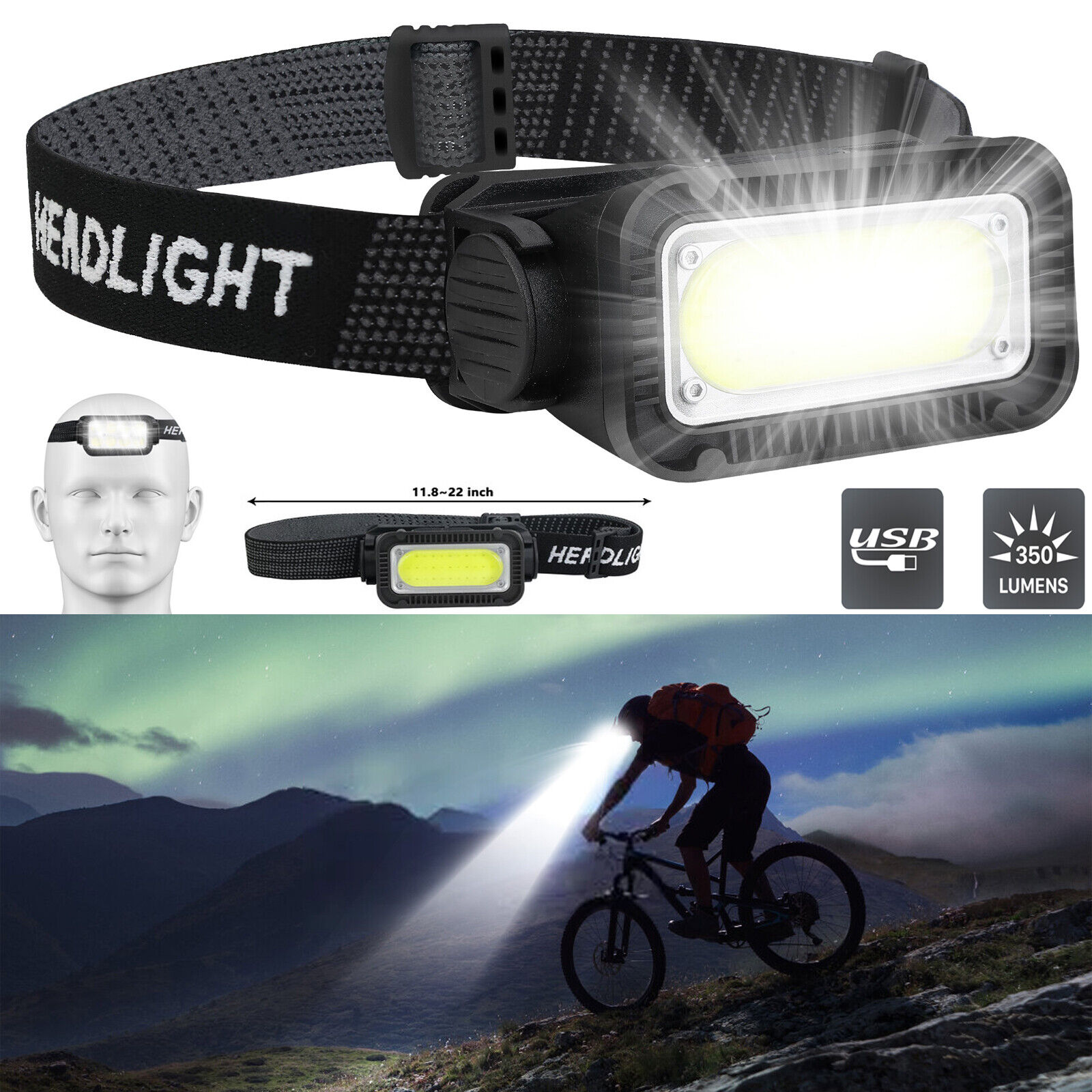 USB Rechargeable LED Headlamp – 300 Lumens, COB+LED, 1200mAh, IPX4, Black