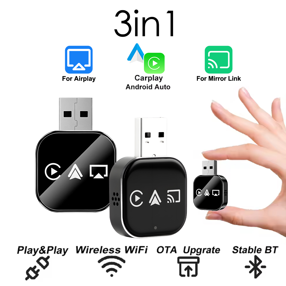 2026 Mini 3IN1 Wireless For Carplay & Android Auto & Mirror Link