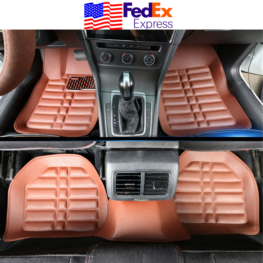 5x Tan Pu Leather Car Floor Mats Feet Carpet Pad Waterproof