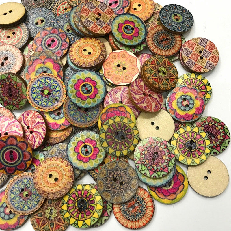 100pcs Mixed Random Flower Painting Round 2 Holes Wood Wooden Buttons for Sewing