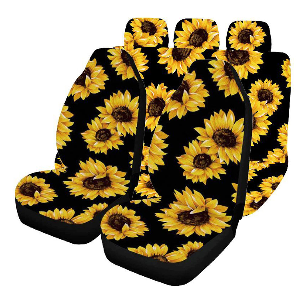 Pizding Yellow Sunflower Design Full Set Car Protective Interior Accessiores for Women with Front Drive Seat Cover and Rear Split Bench Cover Trendy Suit for All Seasons Use