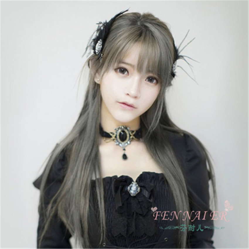 Mixed Gray Long Straight Hair Air Bangs Cosplay Wig Role Hair Gift