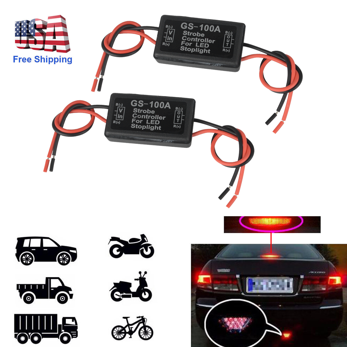 2X GS-100A Flash Strobe Controller Box Flasher Module LED Brake Tail