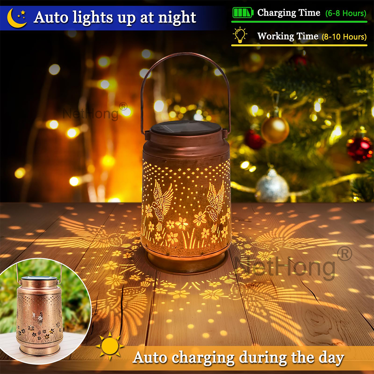 Bronze hummingbird metal solar lantern with warm light projection