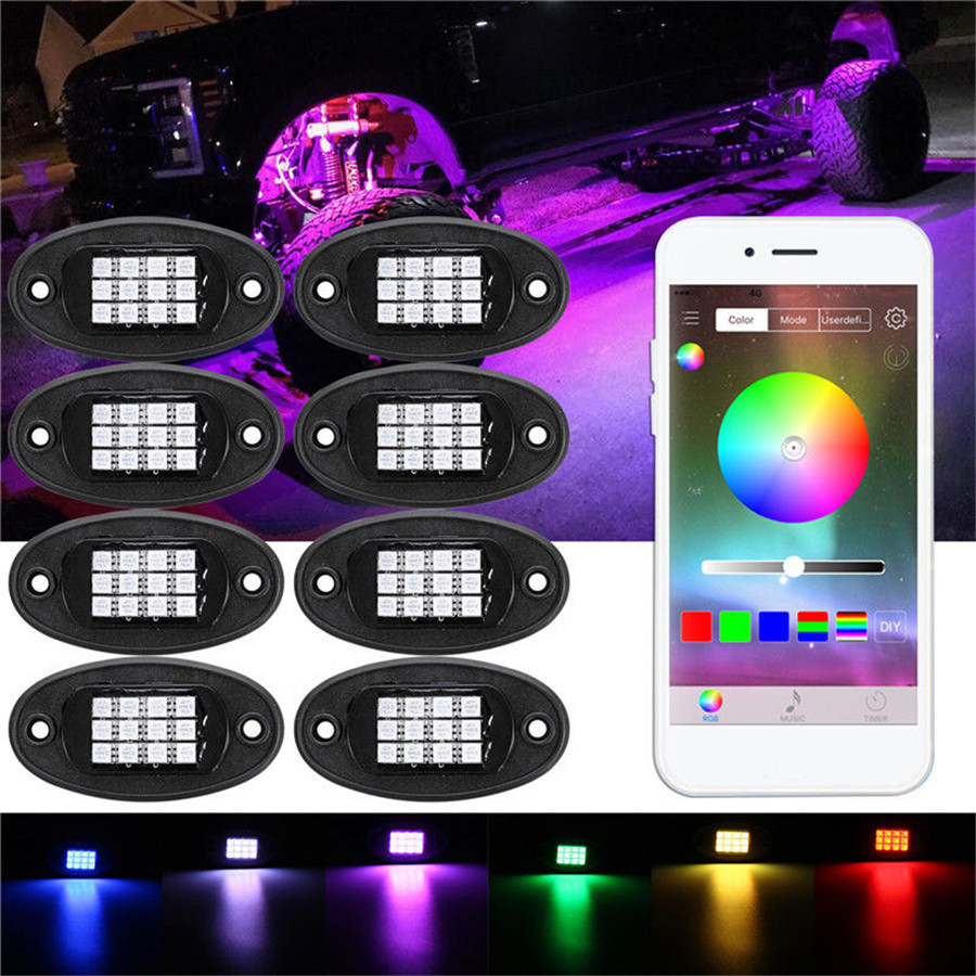 8x RGB LED Rock Light Wireless Bluetooth APP Control Under Body Car