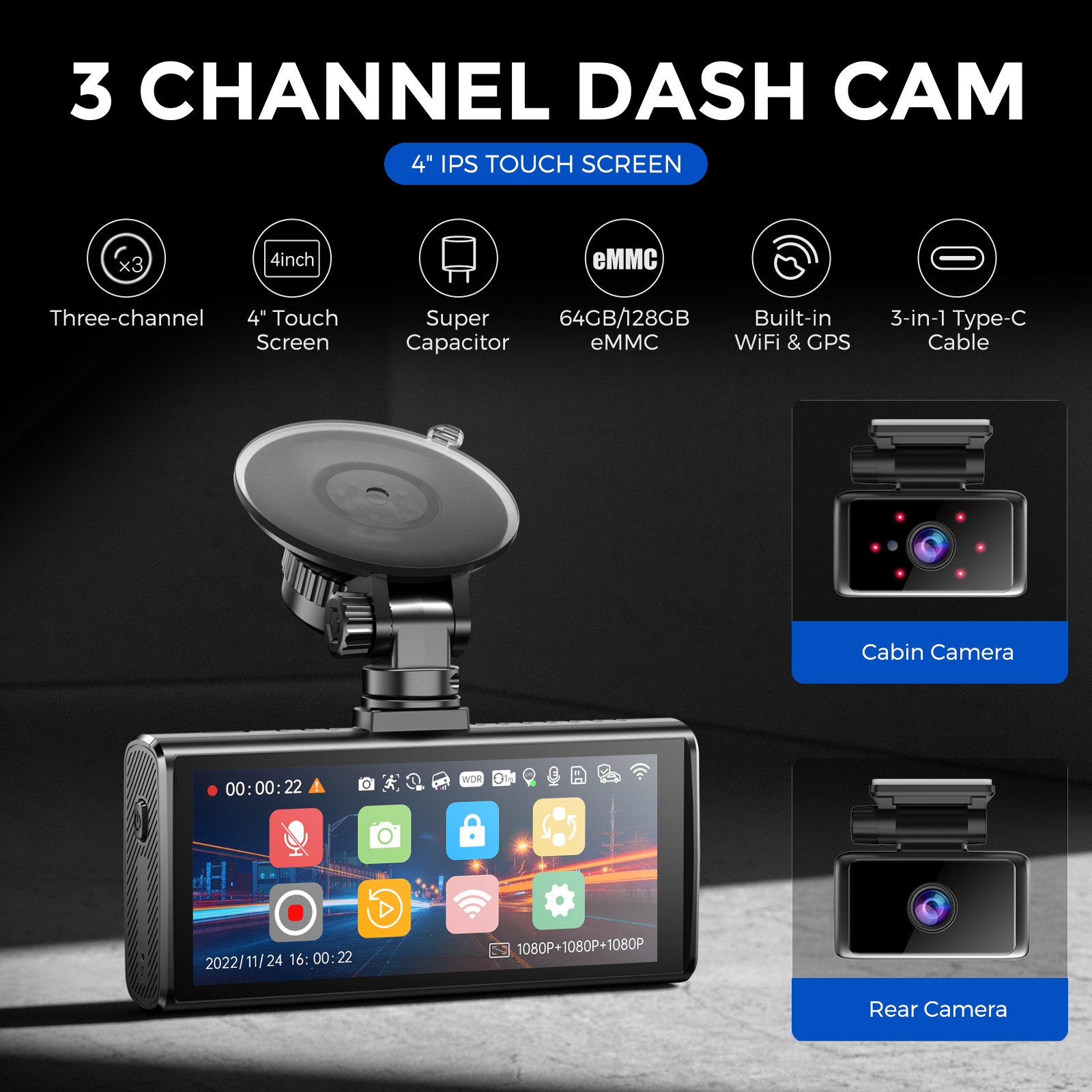 Dash Cam Front and Rear 3 Channel Inside Cabin Car Camera with 64GB U3 SD  Card 1080P Triple Dash Camera IR Night Vision Parking Moniot WDR 2 Mounting  Options 