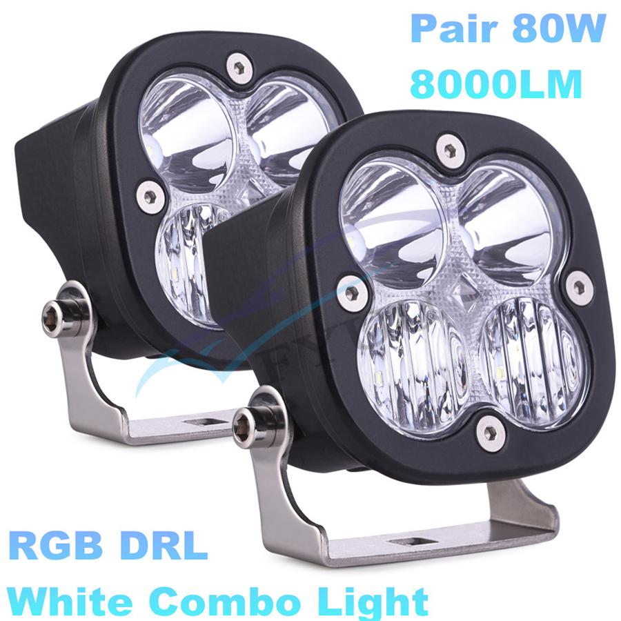 Pair 3.1" 8000LM 80W Combo Beam LED Car SUV Work Lights RGB DRL