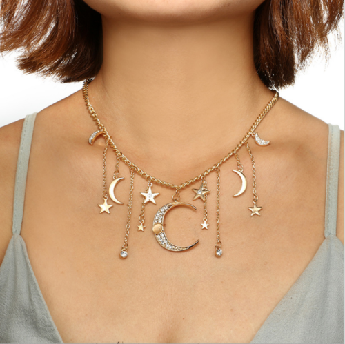 Fashion Women Chain Jewelry Choker Crystal Star Moon Charm Necklace